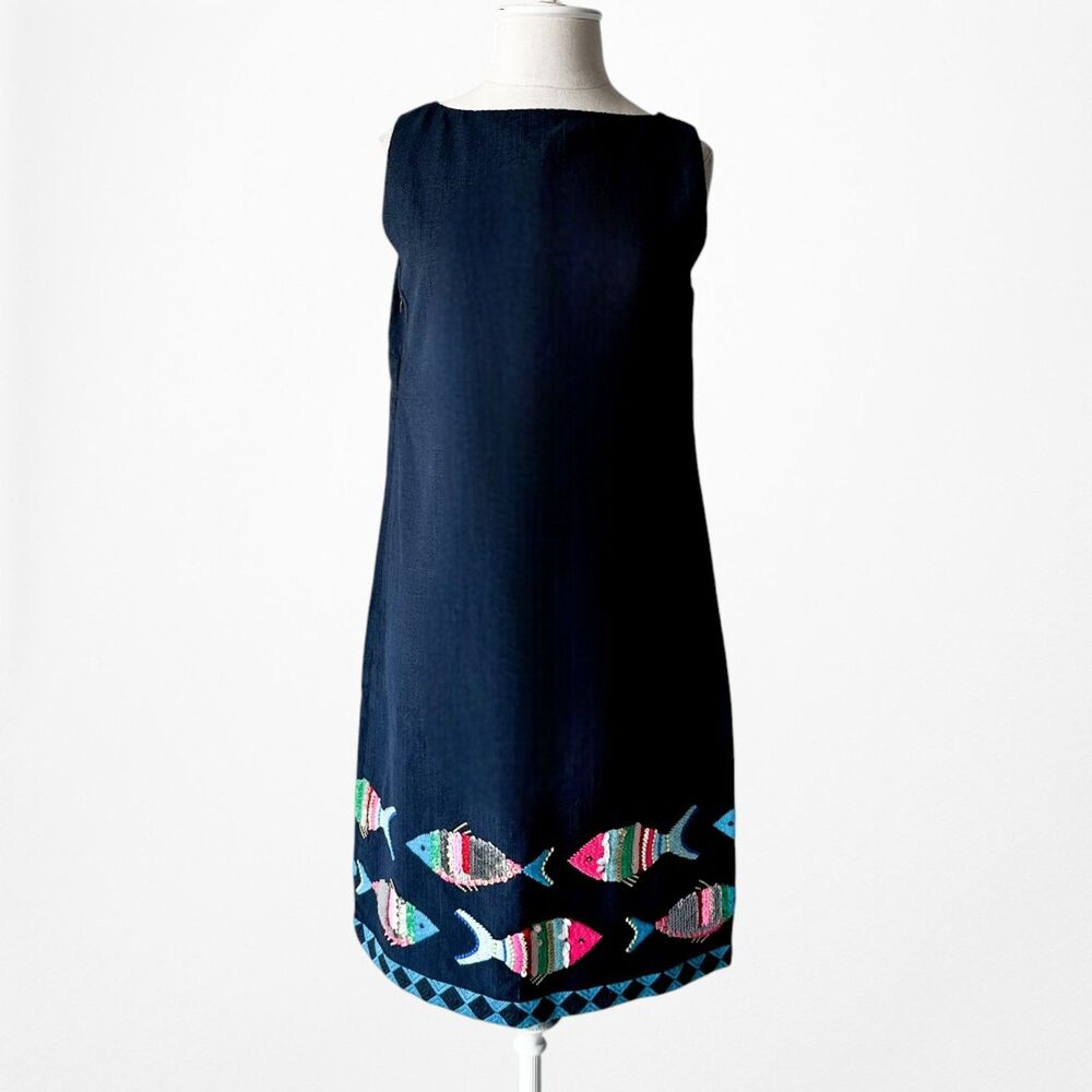 Vintage Y2K 90s Navy Blue Knee Length Tropical Print Casual Shift Dress Size M - Picture 5 of 9